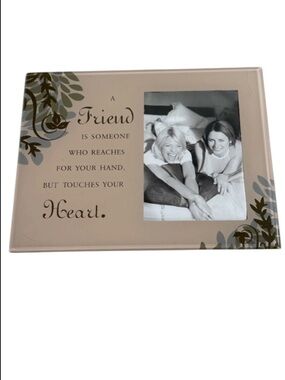Friendship Painted Glass Photo Frame Cream Brown Shelf Display NWOT